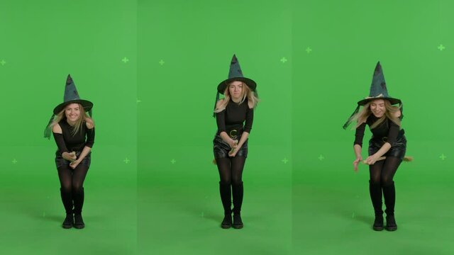 Young woman in a witch hat and black clothes flying on broomstick over green screen background. Halloween concepte. Chroma key. Front view 4k uhd video