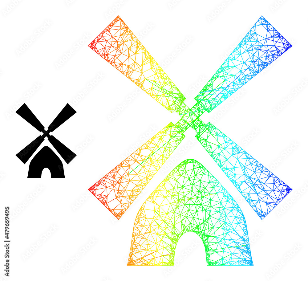 Poster crossing mesh tower mill wireframe icon with rainbow gradient. vibrant frame mesh tower mill icon. f