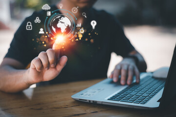 Business people use computer, global business internet connection application technology and digital marketing. Finance and Banking digital link technology Social Next Work Big Data