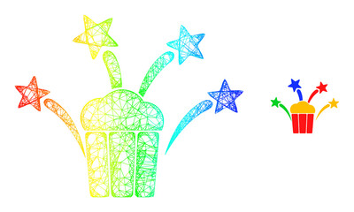 Net popcorn fireworks frame icon with spectral gradient. Bright carcass net popcorn fireworks icon. Flat structure created from popcorn fireworks icon and crossing lines.