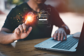 cyber security concepts, login, user fingerprint Secure and encrypted identity,secure access to user personal information , secure internet and network access, cyber security..