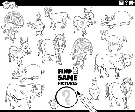 find two same cartoon farm animals task coloring book page