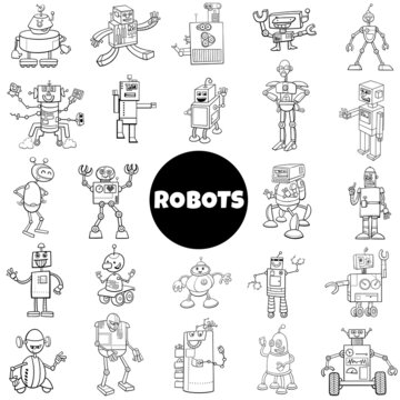 black and white cartoon robots and androids characters big set