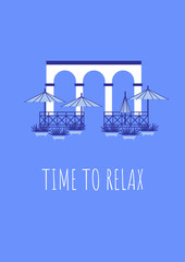 Postcard with blue-white houses and phrase in travel and holiday theme. Vector illustration in flat style for touristic industry.