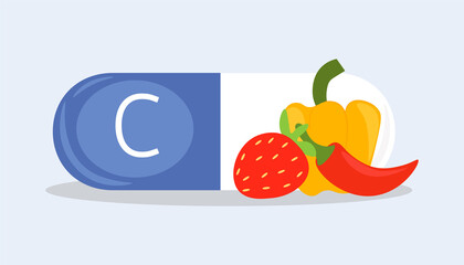 Sources of vitamins concept. Capsule with water soluble vitamin C, strawberries, sweet and spicy pepper. Infographics for social networks, posters and magazines. Cartoon flat vector illustration
