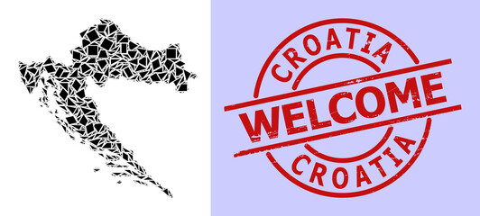 Simple geometric mosaic map of Croatia with scratched stamp. Red stamp seal has Welcome text inside circle and lines template. Vector mosaic map of Croatia collage is combined with random triangles,