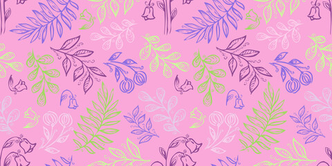 Spring Seamless Pattern. Floral elements in doodle style. Pink background. Watercolor tropical leaves. Green and violet colors. Wedding Patterns with leaf
