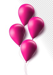 Realistic pink 3d balloons isolated on transparent background. Air balloons for Birthday parties, celebrate anniversary, weddings festive season decorations. Helium vector balloon.