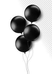 Realistic black 3d balloons isolated on transparent background. Air balloons for Birthday parties, celebrate anniversary, weddings festive season decorations. Helium vector round balloon. © whilerests