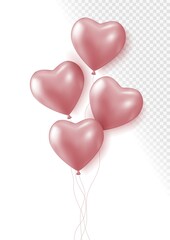 Fototapeta na wymiar Realistic rose 3d heart balloons isolated on transparent background. Air balloons for Birthday parties, celebrate anniversary, weddings festive season decorations. Helium vector balloon.