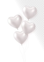 Realistic white 3d heart balloons isolated on transparent background. Air balloons for Birthday parties, celebrate anniversary, weddings festive season decorations. Helium vector balloon. © whilerests