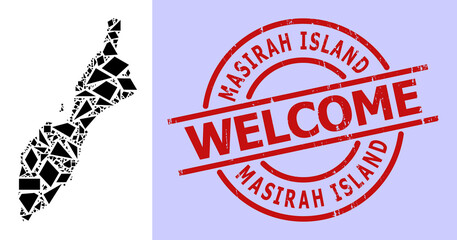 Simple geometric mosaic map of Masirah Island with grunge stamp. Red stamp has Welcome tag inside circle and lines form. Vector mosaic map of Masirah Island collage is combined with chaotic triangles,
