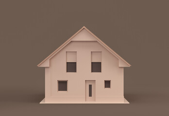 Monochrome single detached house, miniature detached house model flat and solid brown color, Real estate property, 3d Rendering