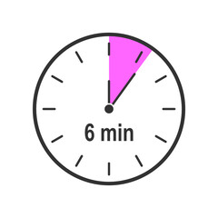Timer icon with 6 minute time interval. Countdown clock or stopwatch symbols. Infographic elements for cooking preparing instruction. Vector flat illustration.