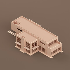 Isometric monochrome single house, miniature real estate property, a house flat and solid brown color, 3d Rendering