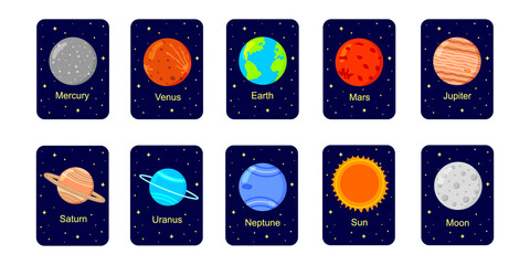 Solar system flashcards for kids. Planets, Sun and Moon with names on dark starry background. Educational material for schools and kindergartens for space science learning. Vector cartoon illustration © vikusha_art