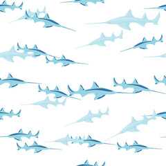 Fototapeta na wymiar Saw shark seamless pattern in scandinavian style. Marine animals background. Vector illustration for children funny textile.