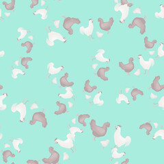 Seamless pattern of chicken family. Domestic animals on colorful background. Vector illustration for textile.