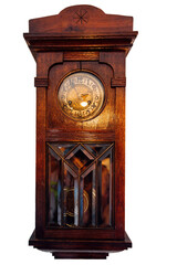 Old vintage antique carved wooden retro clock on white background
