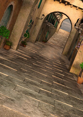Fototapeta na wymiar A 3d digital render of a cobblestone alley with arches and flowerpots.