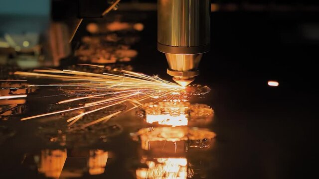 Laser cutting machine working with sheet metal with many sparks at factory, plant - slow motion, close up. Metalworking, industrial, equipment, technology and manufacturing concept