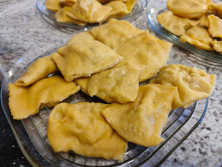 Fresh homemade traditional german, swabian pockets ravioli Maultaschen close up on plates
