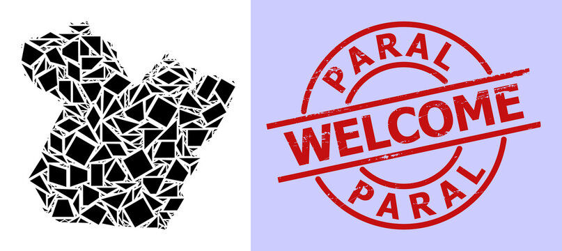 Simple geometric mosaic map of Paral State with corroded stamp seal. Red stamp seal contains Welcome title inside circle and lines template.
