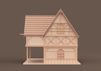 Monochrome single village house, miniature house model flat and solid brown color, Real estate property, 3d Rendering