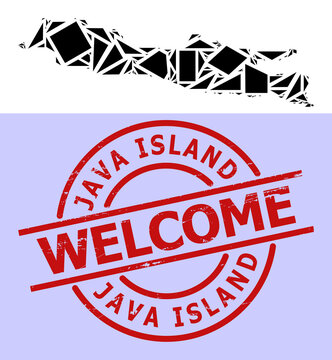 Simple geometric mosaic map of Java Island with scratched stamp imitation. Red stamp seal contains Welcome title inside circle and lines template.