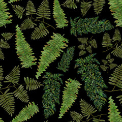 Naklejka na ściany i meble Watercolor seamless pattern with fern leaves. Foliage decoration. Vintage botanical exotic illustration wallpaper. 