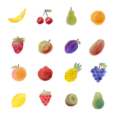 Fruit icons watercolor set. Contains such Icons as Banana, Orange, Grape and more.