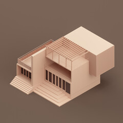 Isometric monochrome single house, miniature real estate property, a house flat and solid brown color, 3d Rendering