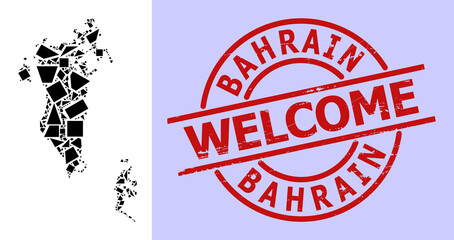 Simple geometric mosaic map of Bahrain with unclean stamp print. Red stamp seal has Welcome title inside round and lines shape. Vector mosaic map of Bahrain collage is filled with chaotic triangles,