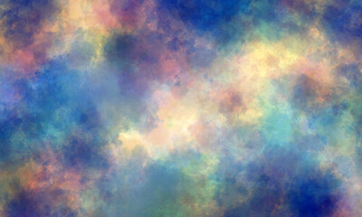 Abstract celestial watercolor background in blue, purple and pink tones. Copy space, horizontal banner.	