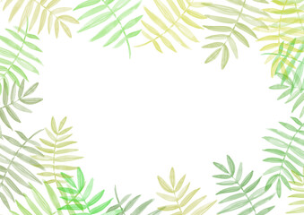 Fototapeta na wymiar Summer frame for text. Green and yellow watercolor leave