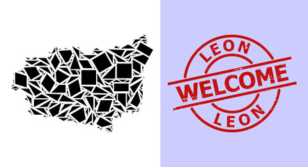 Simple geometric mosaic map of Leon Province with scratched stamp seal. Red stamp contains Welcome caption inside round and lines template.