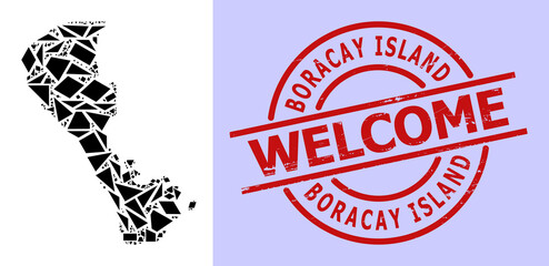 Simple geometric mosaic map of Boracay Island with dirty stamp. Red stamp seal contains Welcome title inside round and lines template.