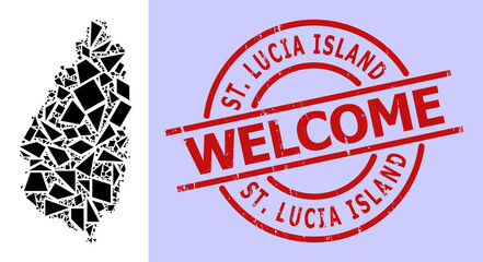 Simple geometric mosaic map of Saint Lucia Island with corroded stamp imitation. Red stamp seal includes Welcome title inside round and lines template.