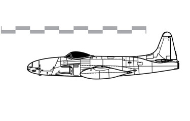 Lockheed P-80C Shooting Star. Vector drawing of early jet fighter aircraft. Side view. Image for illustration and infographics.