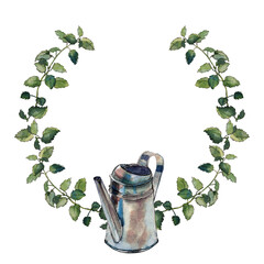 Gardening themed round frame with metallic watering can and green twigs and leaves, isolated on white. Watercolour illustration. For cards, invitations, packaging design, stationery and scrapbooking.