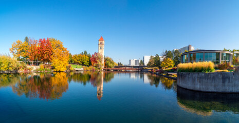 Panoramic wide angle view of Riverfront Park along the Spokane River at autumn in Spokane, Washington, USA