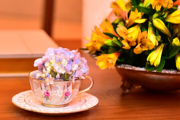 antique porcelain coffee cups decorated with blue hydrangeas,  decoration with hydrangeas, English china cup, luxury porcelain cup, vintage decor, coffee shop