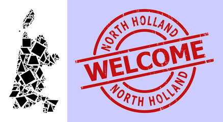 Simple geometric mosaic map of North Holland with textured stamp seal. Red seal includes Welcome caption inside circle and lines template.