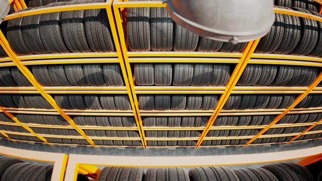 Endless shelves with car wheels. Stacks of black rubber tires. New car tyres.