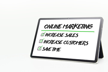 Online Marketin Plan Strategy Concept to tablet , isolated