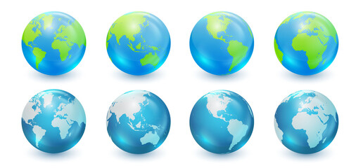 Globes showing earth with all continents. World map globe vector icons set