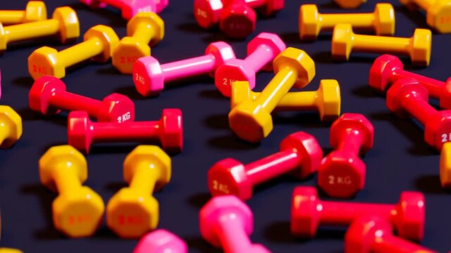 Many colorful small 2kg dumbbells on a fitness center floor. Sport equipment