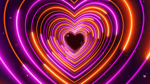Abstract Romantic Sweet Purple Orange Heart Shape Lines Neon Light Tunnel With Glitter Heart Particles Background