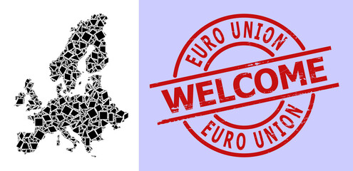 Simple geometric mosaic map of Euro Union with dirty stamp print. Red stamp contains Welcome title inside round and lines template.