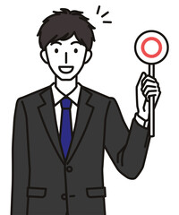 丸のふだを持つスーツを着た20代・30代男性